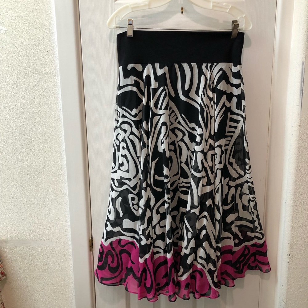 Anne Klein Silk Pull-On Flowing Circle Skirt Black, White & Pink Sz PM Midi